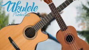Une guitare et un ukulélé se croisent pour symboliser la transition d'un instrument vers un autre et leurs points communs.